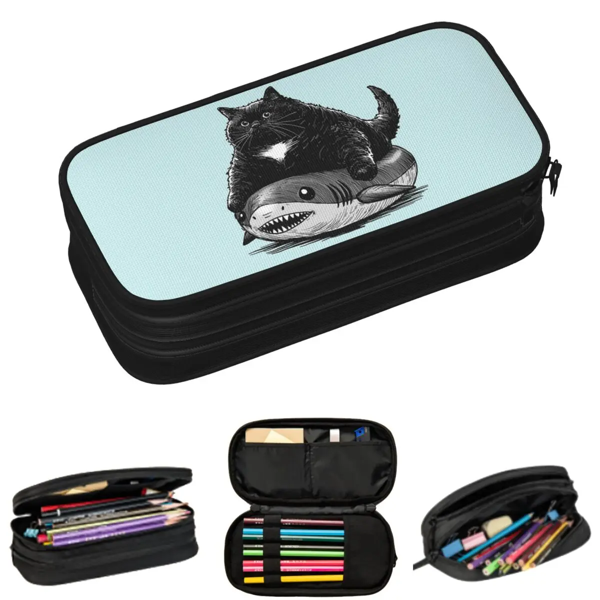 

A Cat Riding A Shark On The Sea Pencil Cases School Pen Box Pencil Bag Large Capacity Pencil Pouch Storage Stationery Supplies