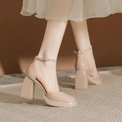 Closed Shoes Hollow 2024 Platform Heels Brief Pumps Square Toe Chunky Sandals Latest Footwear Shallow Mouth Straps Fine Beige