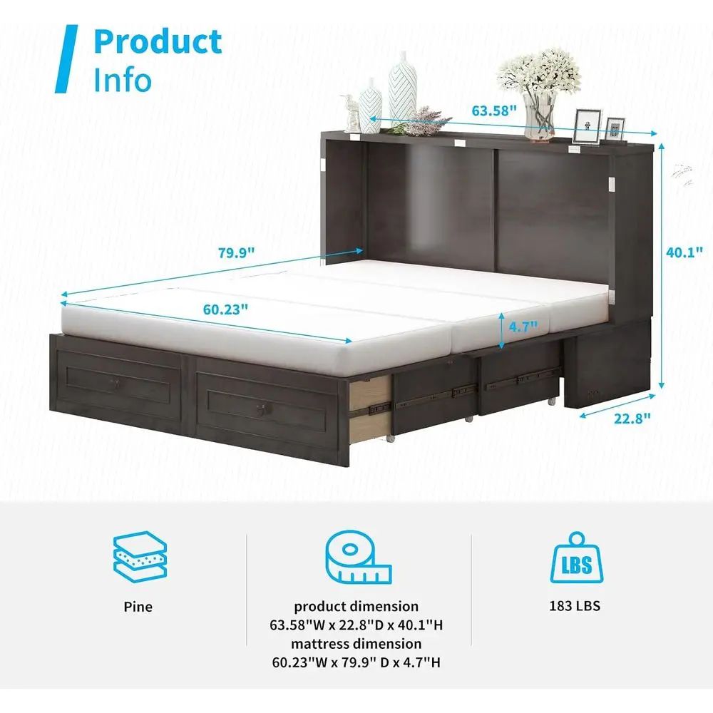Murphy Cabinet Bed Queen Size k Grey | with Tri-olding Mattr, 2 Storage Ders & USB Charging Station, Wooden Wall Chest Bed - view 2