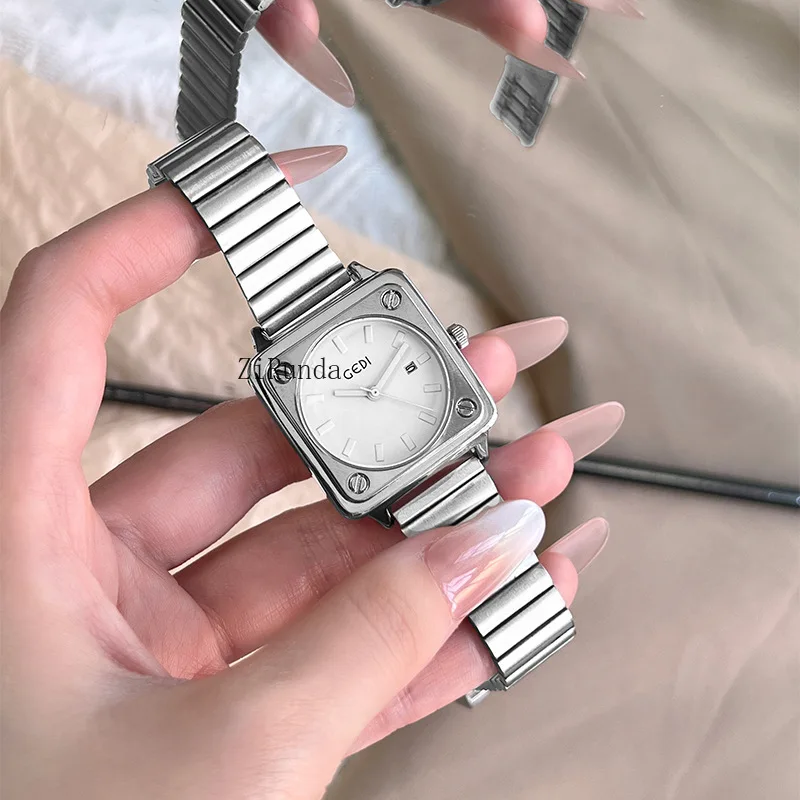 ساعة نسائية بسيطة صغيرة من الطوب الفضي ساعة مربعة راقية مقاومة للماء بحزام فولاذي كوارتز #3