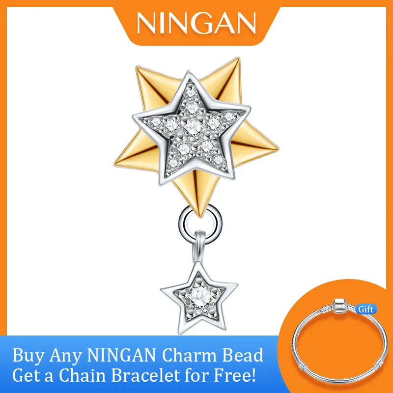 NINGAN Sparkling Star Zircon Pendant Charms 925 Sterling Silver Beads for Women Bracelet Necklace Diy Dangle Charms