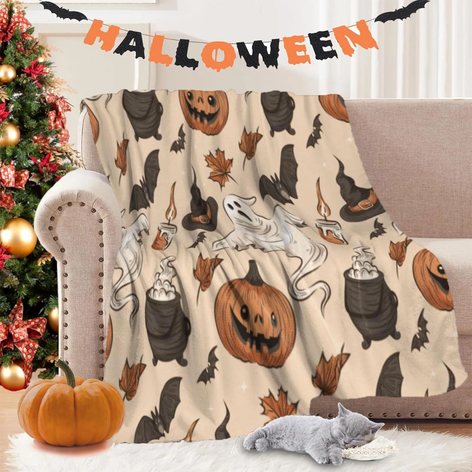 New Halloween Lightweight Throw Blankets Gothic Ghost Pumpkin Nap Blanket Soft Cozy Sofa Living Room Bed Blanket Halloween Gift