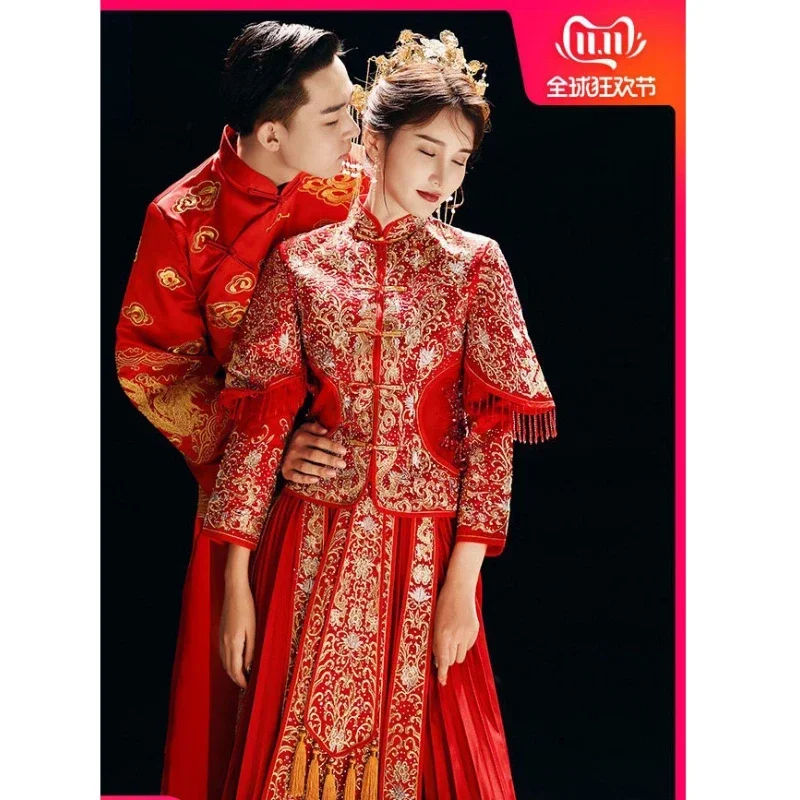 Vestido de casamento bordado vermelho chinês para a noiva, Xiuhe Xiuhe Xiuhe Xiuhe, Vestido Dragão Phoenix, Vestidos Modernos Estilo Oriental, Banquete de Casamento