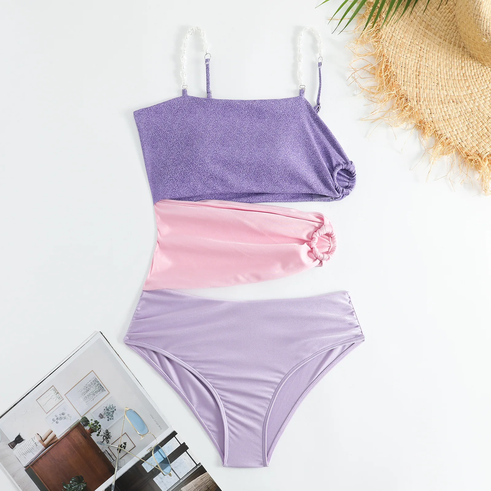 2025 Cut Out Swimsuit One Piece Swimwear Women Sexy Bathers Purple Pink Patchwork Bathing Swimming Swim Suit Female Beachwear