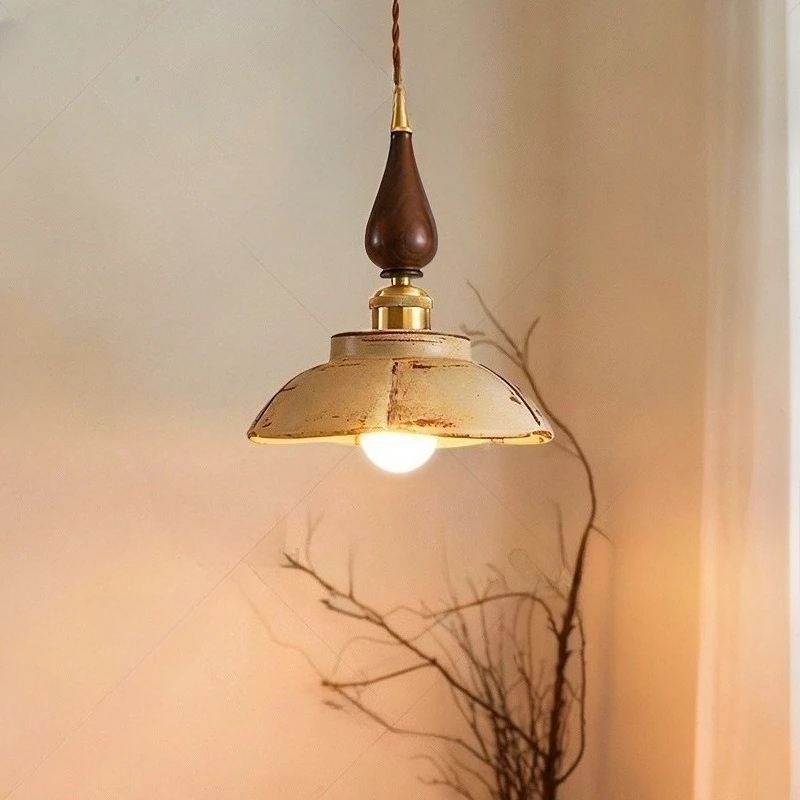 Japanese Teardrop Shape Wooden LED Pendant Lights White Ceramics Hanging Lamps Living Room Bedroom Kitchen Restaurant Chandelier