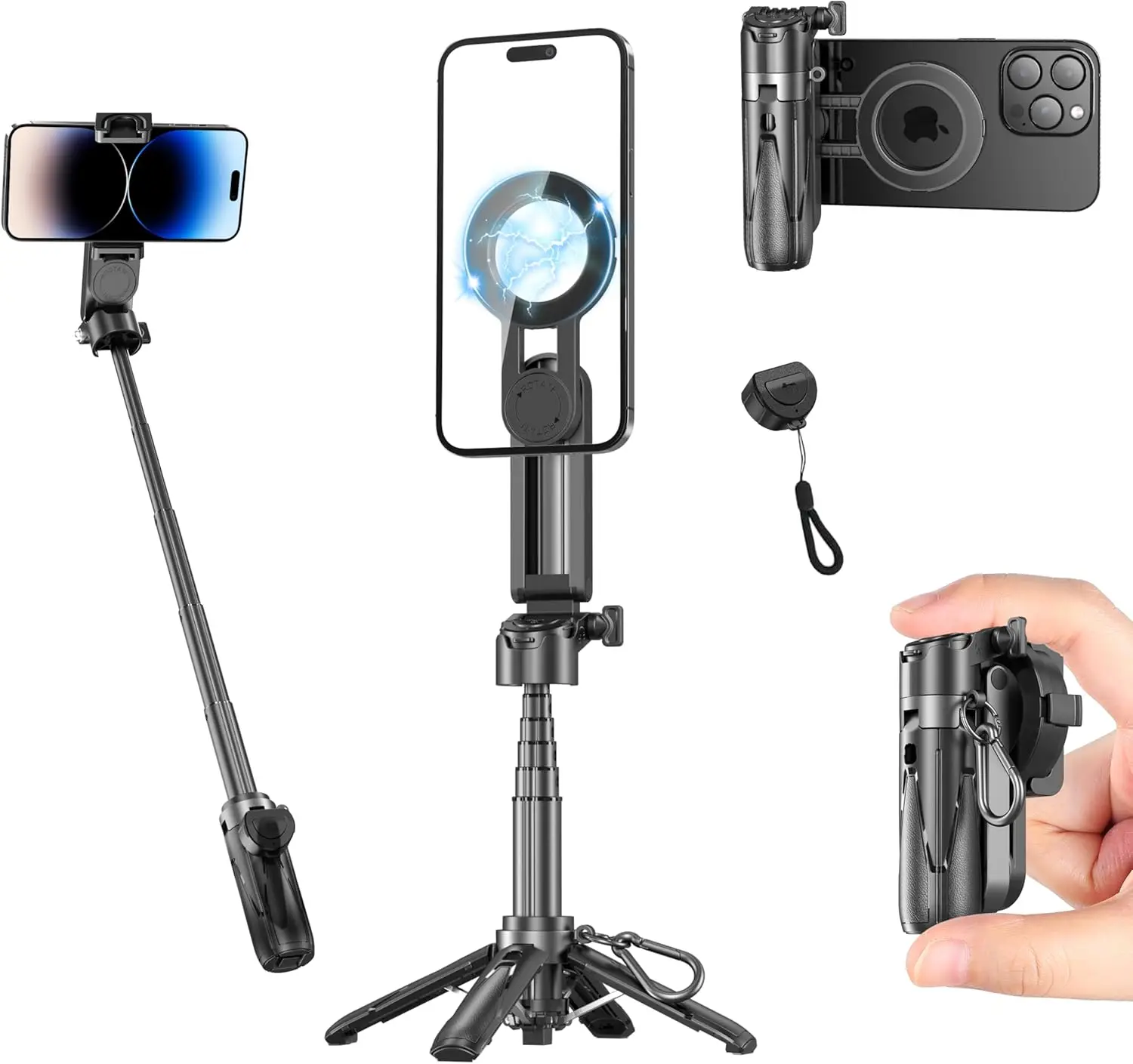 

Magnetic Tripod Stand for iPhone, Mini Selfie Stick Tripod with Detachable Remote, Portable Cell Phone Tripod Stand Comp