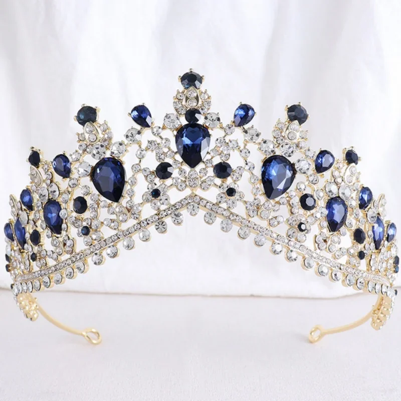 Vintage Baroque Dark Blue Crystal Crown Bridal Hair Accessories Elegant Queen Tiara Diadem Girls Wedding Dress Headband