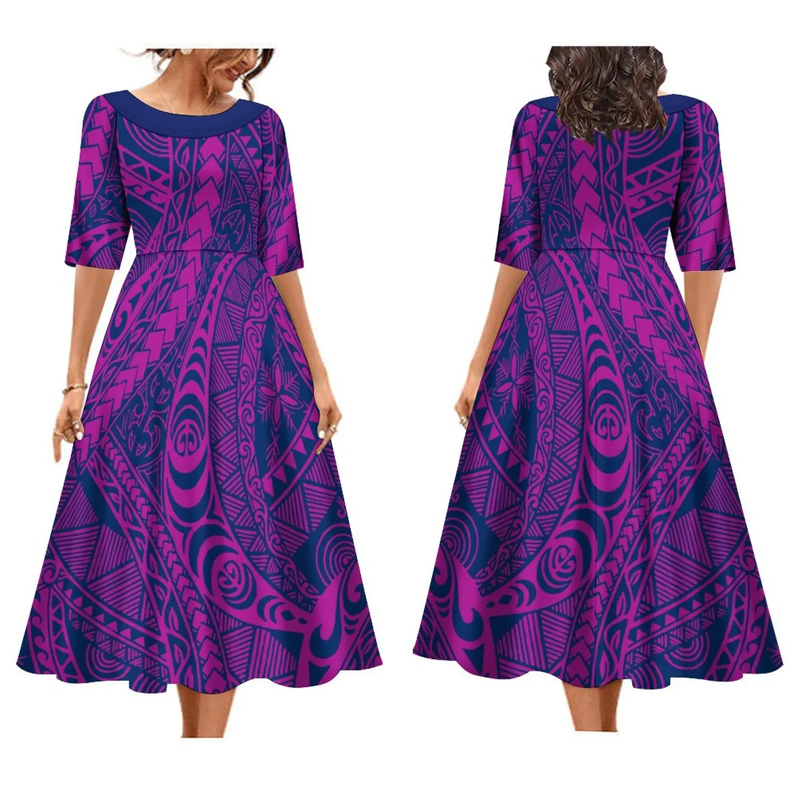 Women\'s Dress Custom Polynesian Style Long Skirt Crew-Neck Skirt Dress Summer Short Sleeve Quality Fabric Dress