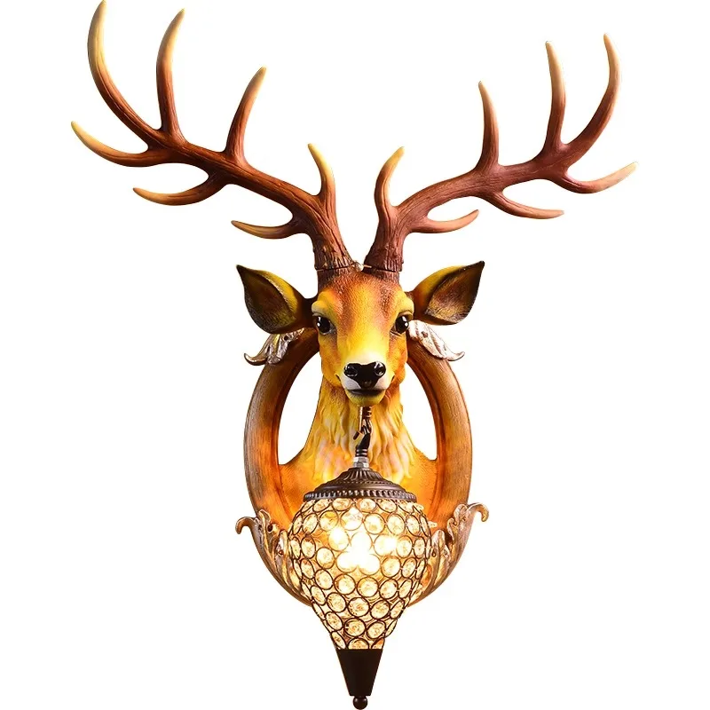 

American lucky deer head wall lamp living room background wall lamp staircase entrance wall antler lamp European restaurant door
