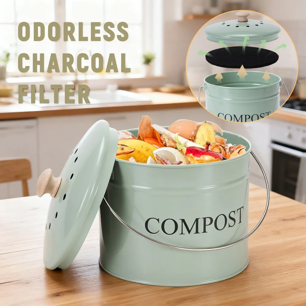 Odorless Kitchen Compost Bucket Activated Charcoal Filtration with Lid Food Waste Composting Bin Metal Round