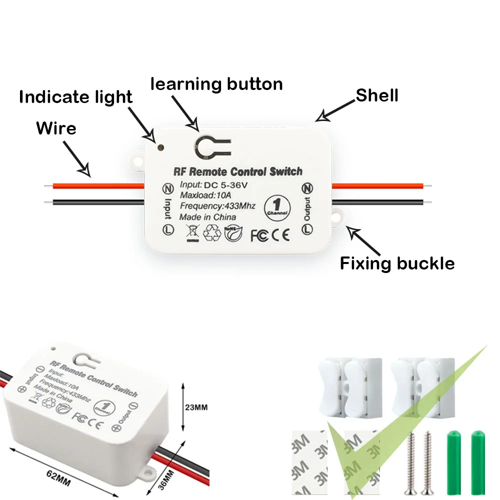 RF 433 Mhz interruttore luce Wireless pulsante interruttore a parete DC 12V 24V 36V 10A trasmettitore Radio remoto ON OFF Led porta elettrica