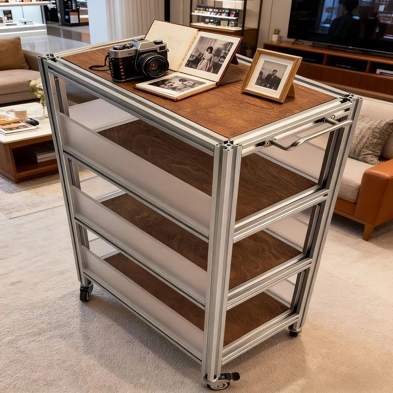 Aluminum profile household mobile trolley, environmentally friendly industrial wind coffee table, kitchen aluminum alloy trolley