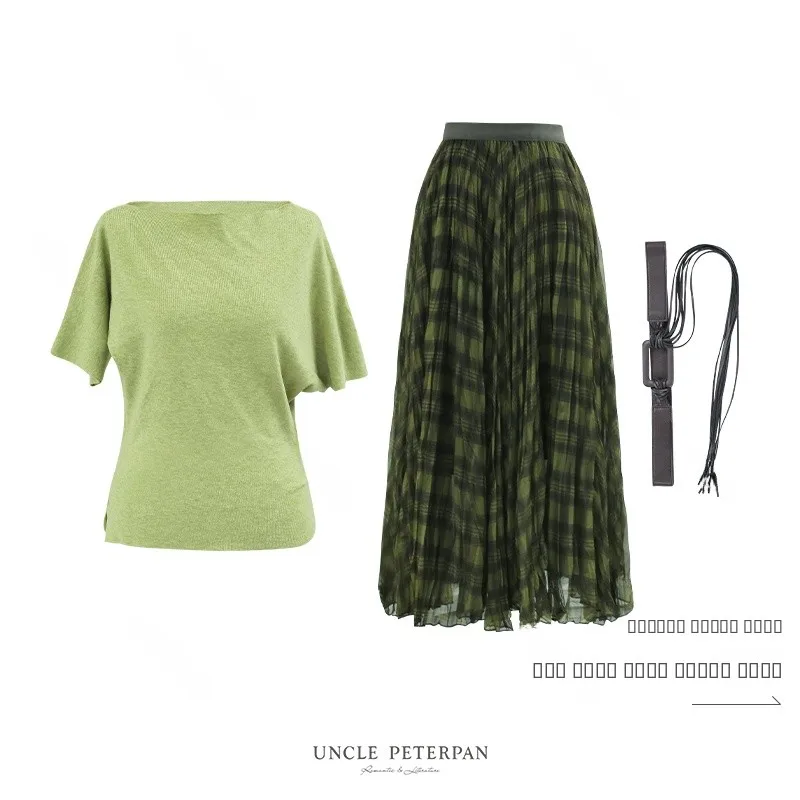 Hautfreundliches Peter-Pan-Strickoberteil mit Schlitzen, elastischer Taille, plissiertes Sommer-Mode-Set für Teenager-Mädchen im französischen Stil