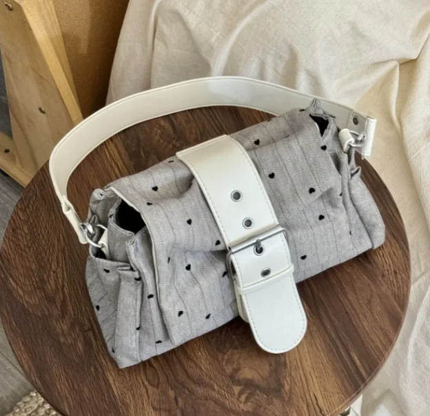 Korean Stripe Polka Dot Shoulder Bag Y2k Belt Buckle Solid‑color Minimalist Underarm Bag Casual Women's Commuting Crossbody Bag
