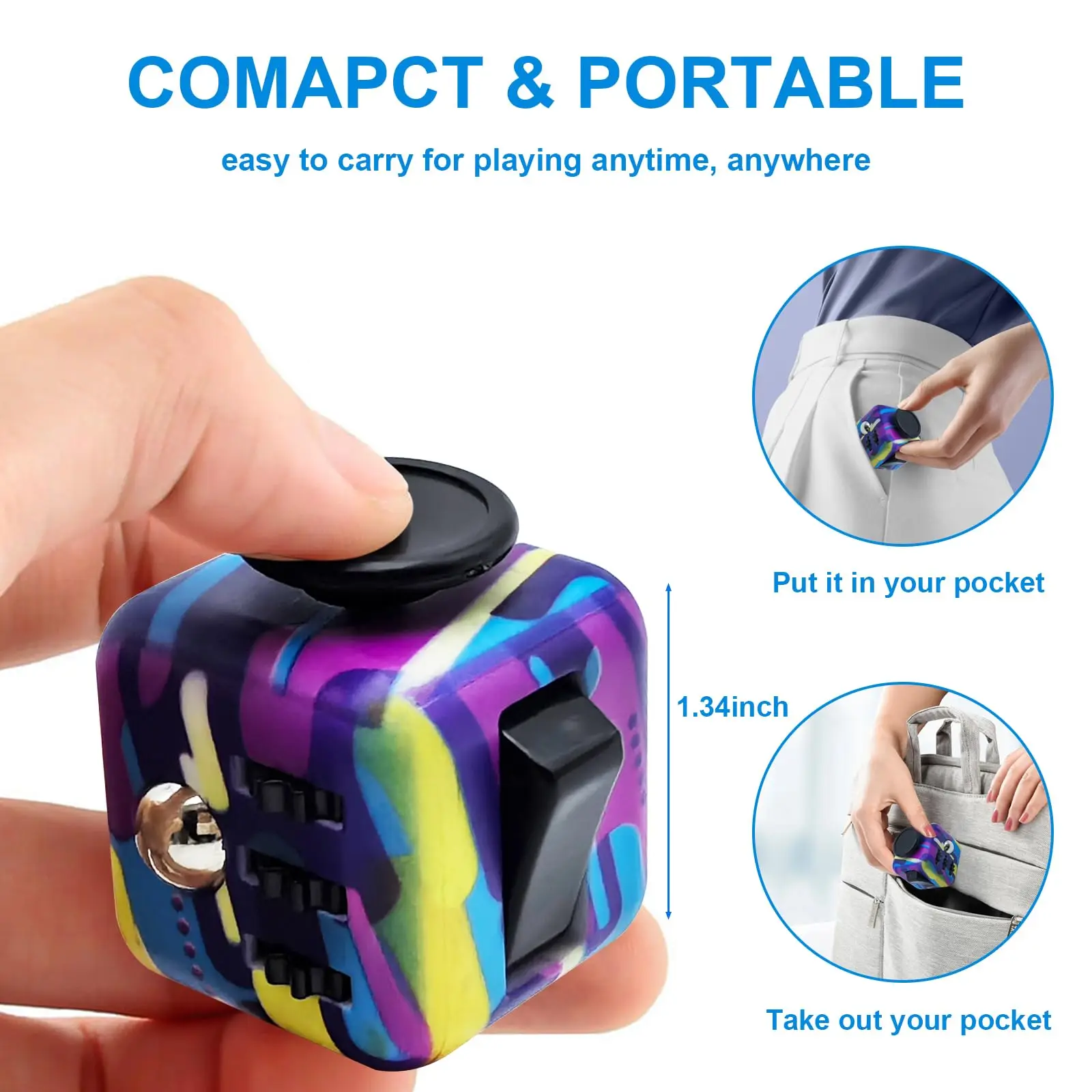 6-in-1 Fidget Cube Antistress Toy 3.4cm 40g - Hand Spinner Decompression Tool for ADHD Autism Anxiety Stress Relief Kids Adults