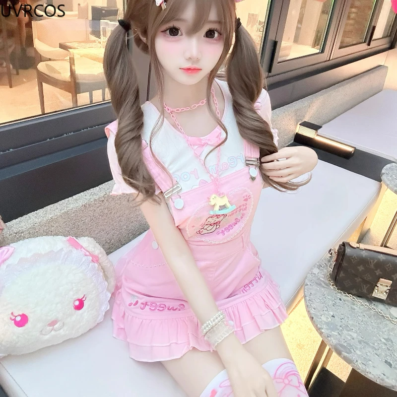 Japanese Kawaii Lolita Style Overall Skirt Set Women Sweet Bow Tops Strawberry Ruffle Cartoon Print Skirts Harajuku Y2k Outifits