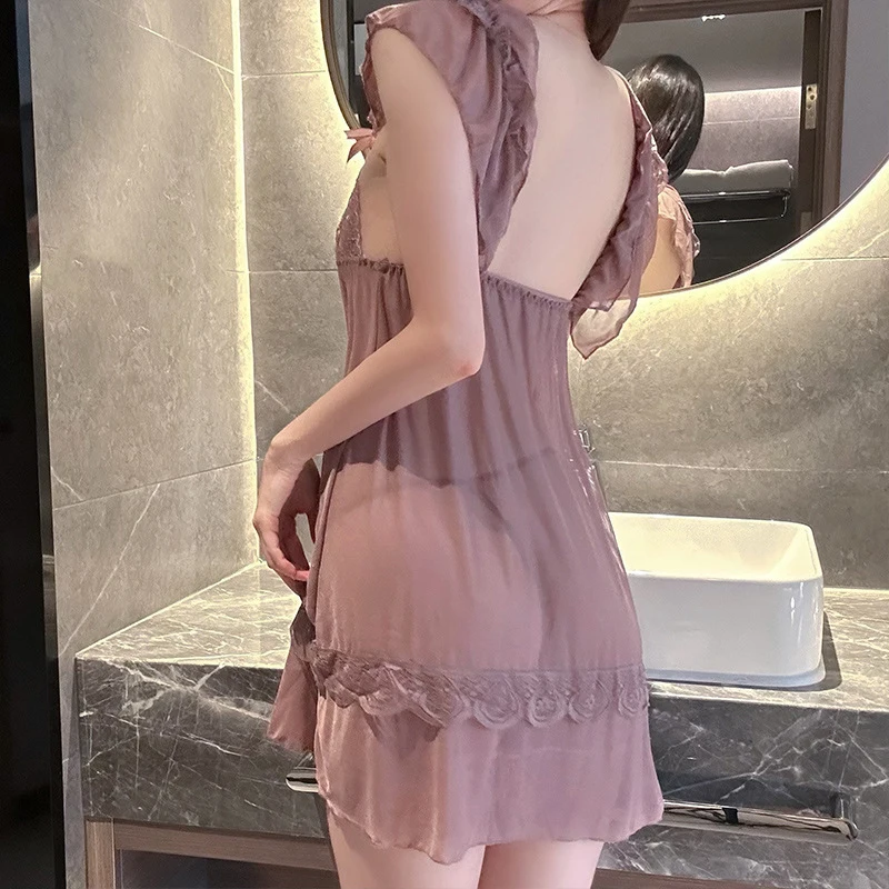 

Sexy And Sexy Sleepwear See Through Mesh Erotic Lingerie Lace Tied Nightgown