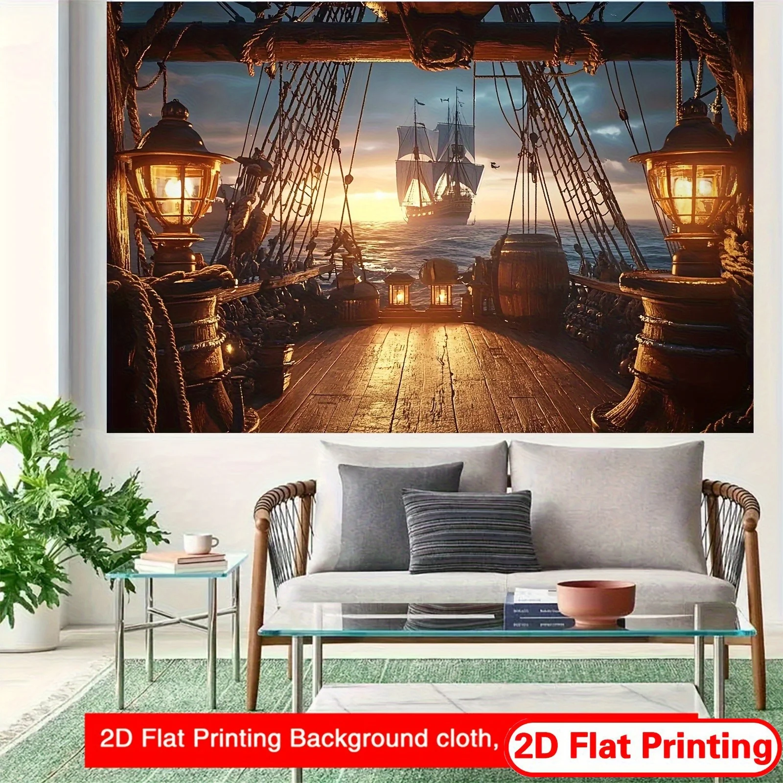 Pirate Ship Tapestry 2D Flat Ocean Sunset Wall Hanging Adventure Theme Decor for Bedroom Living Room Backdrop