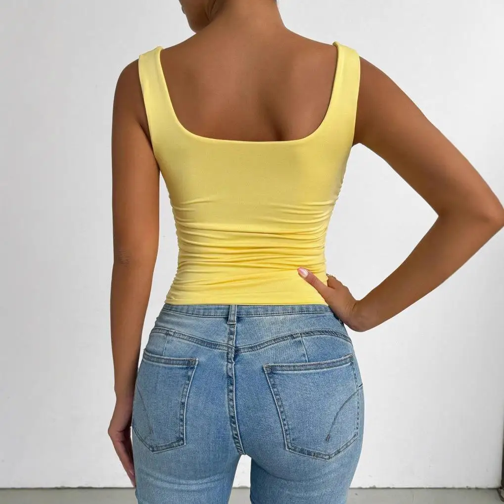 Women's Sleeveless Strap Vest Basic Casual Square Collar Belly-Baring Top Cross-Border New Style 2025 Sexy Style Pure Color