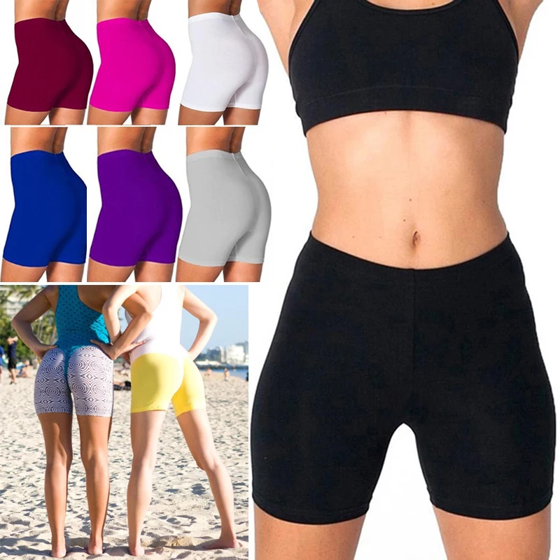 Pantalones cortos elásticos para mujer, Shorts informales de cintura alta, ajustados, ajustados, color liso, blanco y negro, para ciclismo, Verano