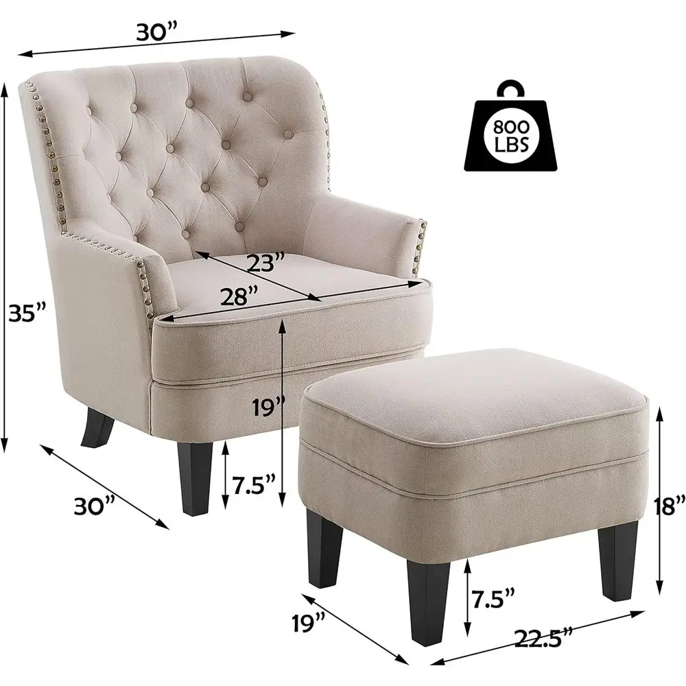 Beige Button-Tufted Accent Chair and Ottoman Set for Living Room, Bedroom, or Reading Nook
