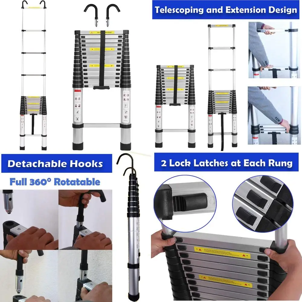 سلم تمديد من الألومنيوم بطول 20.3 قدم 6.2 متر مع خطافات قابلة للفصل، معيار EN131، سعة 330 رطل، قابل للتعديل للسلامة ومتعدد الاستخدامات #1