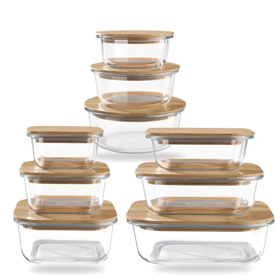 

Bamboo Lid Triple Tier High Borosilicate Glass Lunch Box High Temperature Resistant Rectangular Sealed Fresh-Keeping
