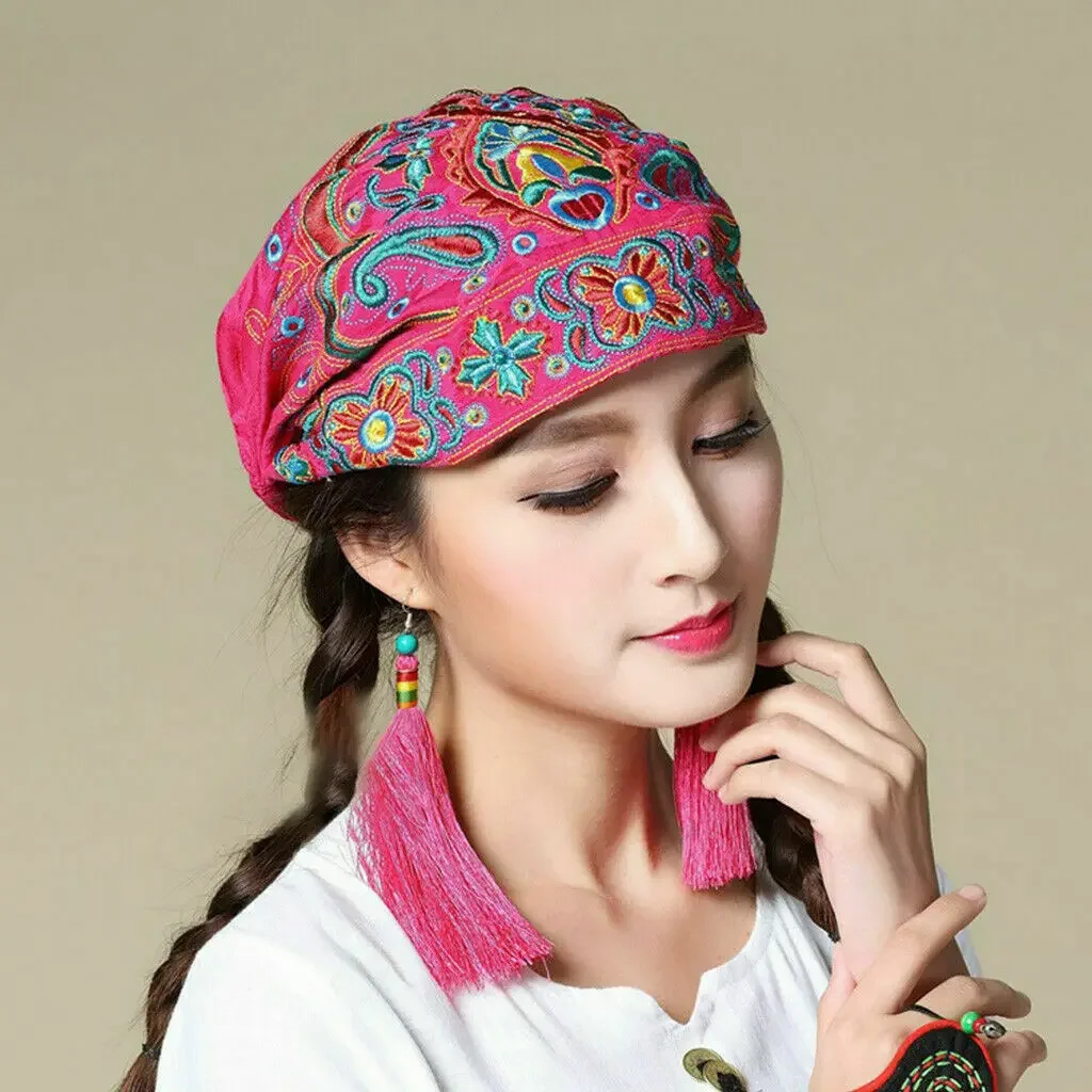 Women Ethnic Vintage Embroidery Flowers Bandanas Red Print Hats for Women Beanies Hats 2024