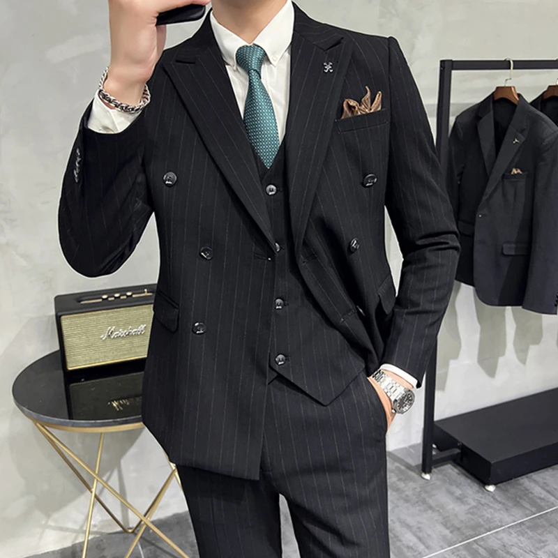 2023 Fashion Men Casual Boutique Business Slim Wedding Striped Double Breasted Suit 3 Pcs Set Blazers Jacket Pants Vest Trousers