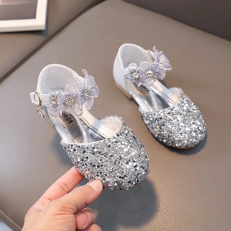 Children's Sequined Princess Sandals, Bling, Purpurina, Renda, Flor, Palco, Show Shoes, Little Girl, Criança, Performance, Verão, Moda