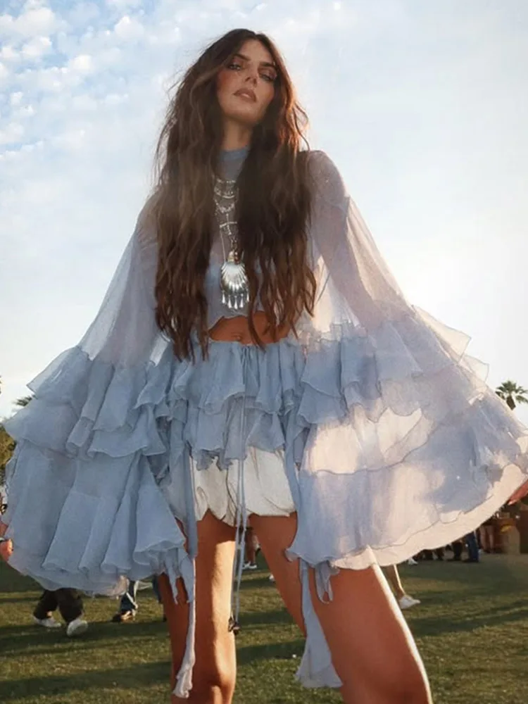 أطقم تنورة طويلة مثيرة مكشكشة للسيدات شفافة من خلال الياقة المدورة وأكمام مضيئة قطع علوية قصيرة بطيات على شكل حرف a تنانير صيف 2025 للسيدات