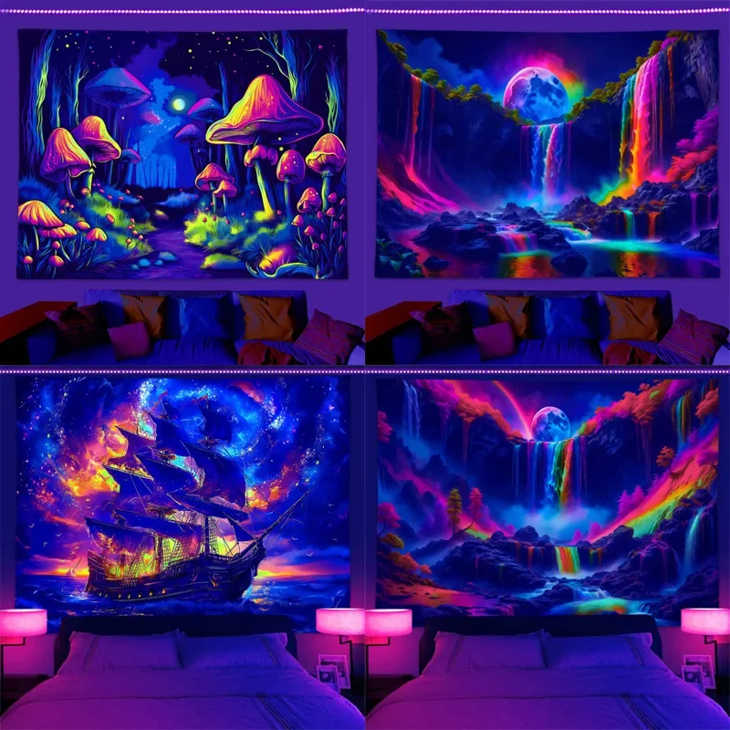 UV reactive fluorescent tapestry natural landscape waterfall tapestry home decoration