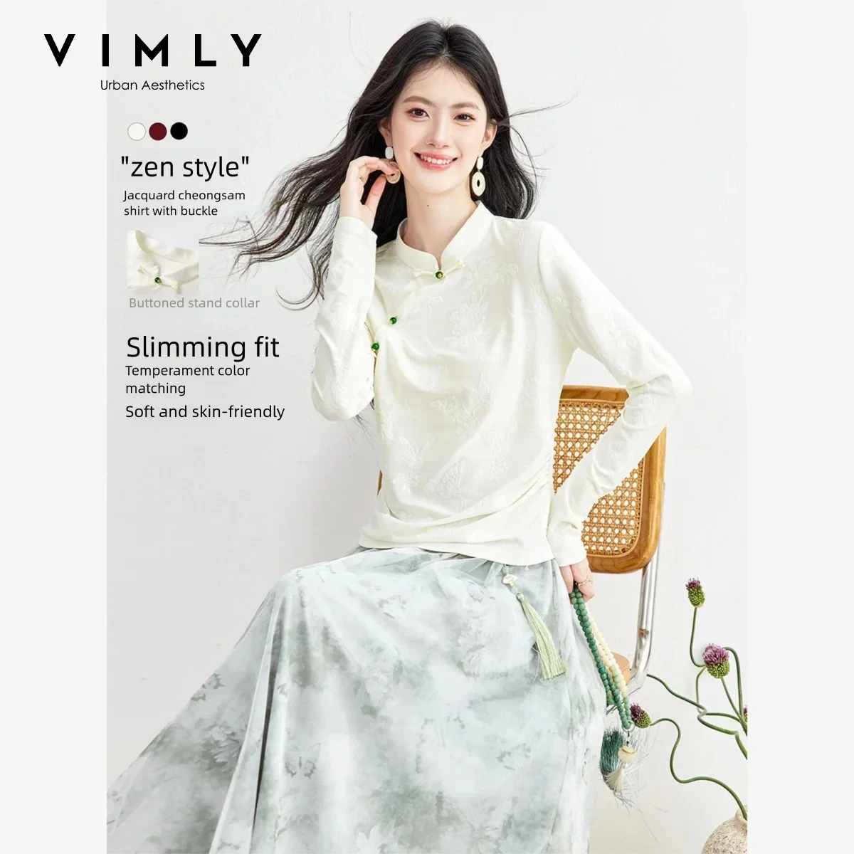 VIMLY New Chinese Style Blouse Women 2026 Fall Jade Button Jacquard Slim-fit Shirt Elegant Fashion Long Sleeve Tops Female A7137