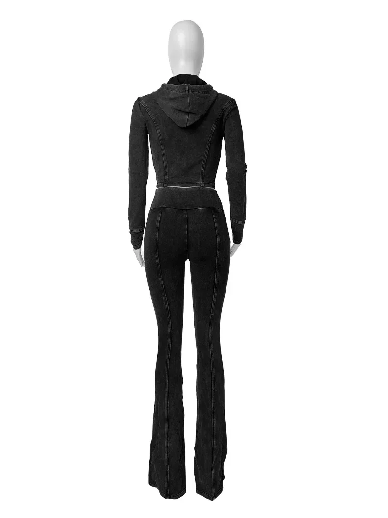 Women Cotton 2 Piece Set Zip-up Long Sleeve Hooded Jackets Crop Top + High Waist Flare Pants Casual Slim Tracksuits Streetwear