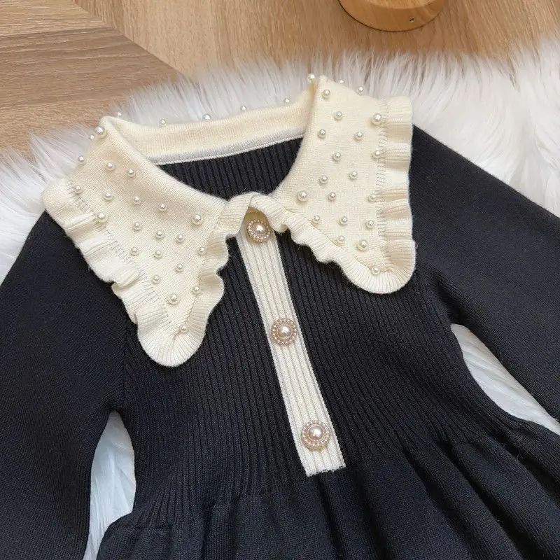 

New Baby Girls Knitted Sweaters Dress Elegant Girl Kids Beaded Collar Knit Dresses Children Autumn Winter Clothes Vestidos