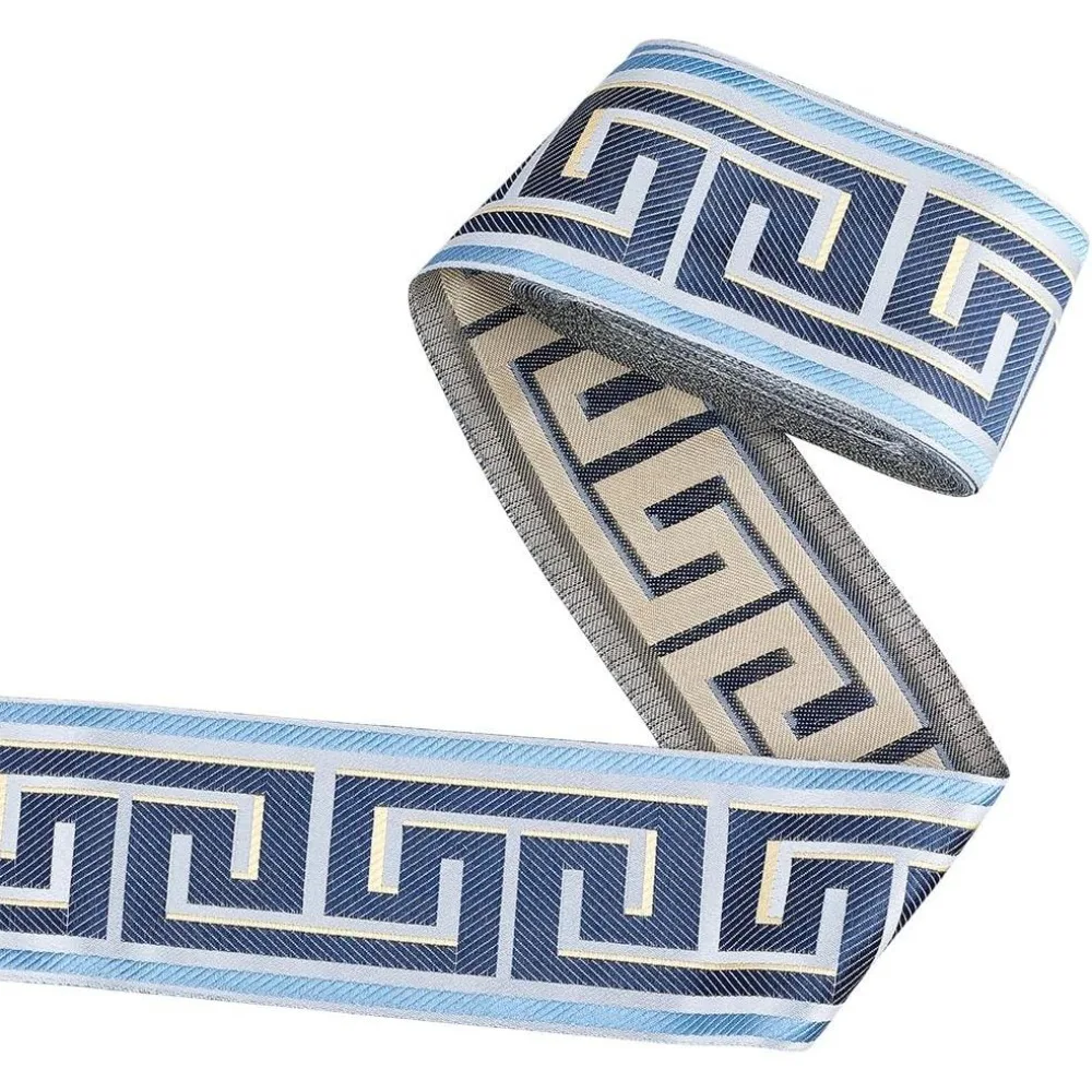 13.12 Yards Drapery Trim 3-1/2 Inch Wide Jacquard Ribbon with Dark Blue Greek Key Design Polyester Material Craft Supplies