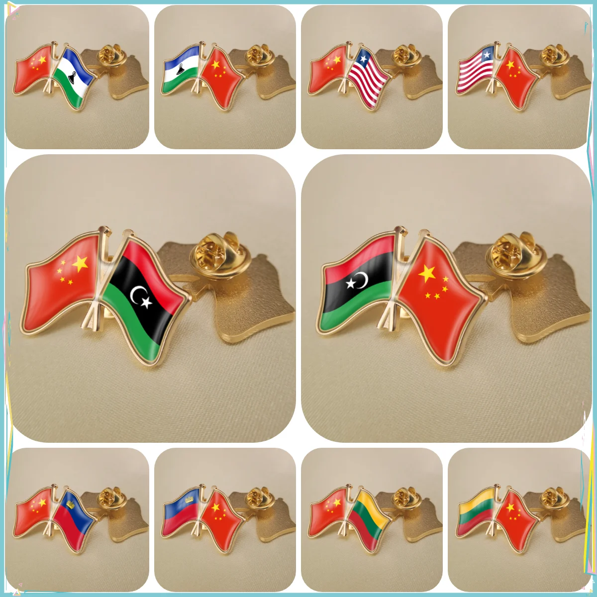 China and Lesotho Liberia Libya Liechtenstein Lithuania Double Friendship Flags Lapel Pins Brooch Badges