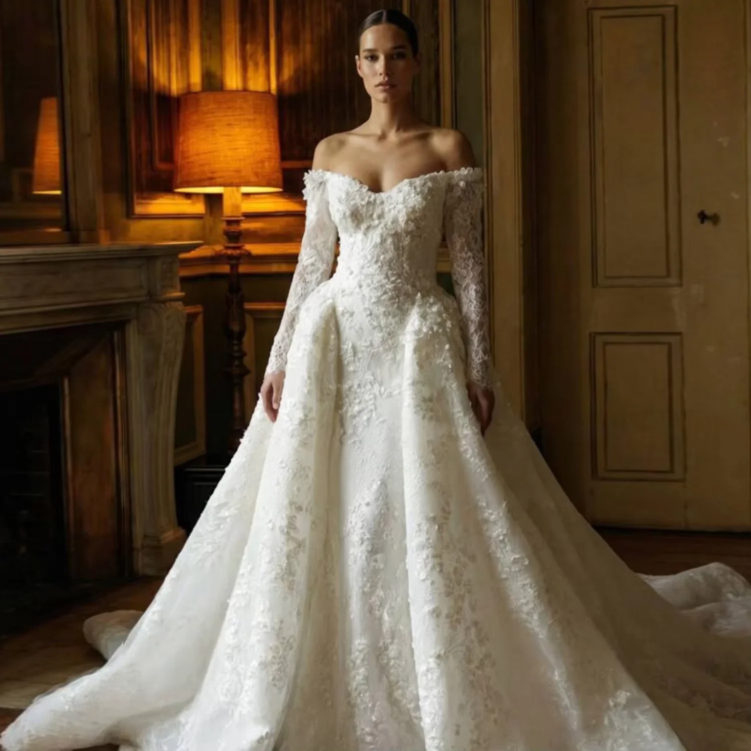 Off The Shoulder Ball Gown Wedding Dress Sheer Long Sleeve 3D Floral Lace Appliques Cathedral Train Luxury Bridal GownCustom
