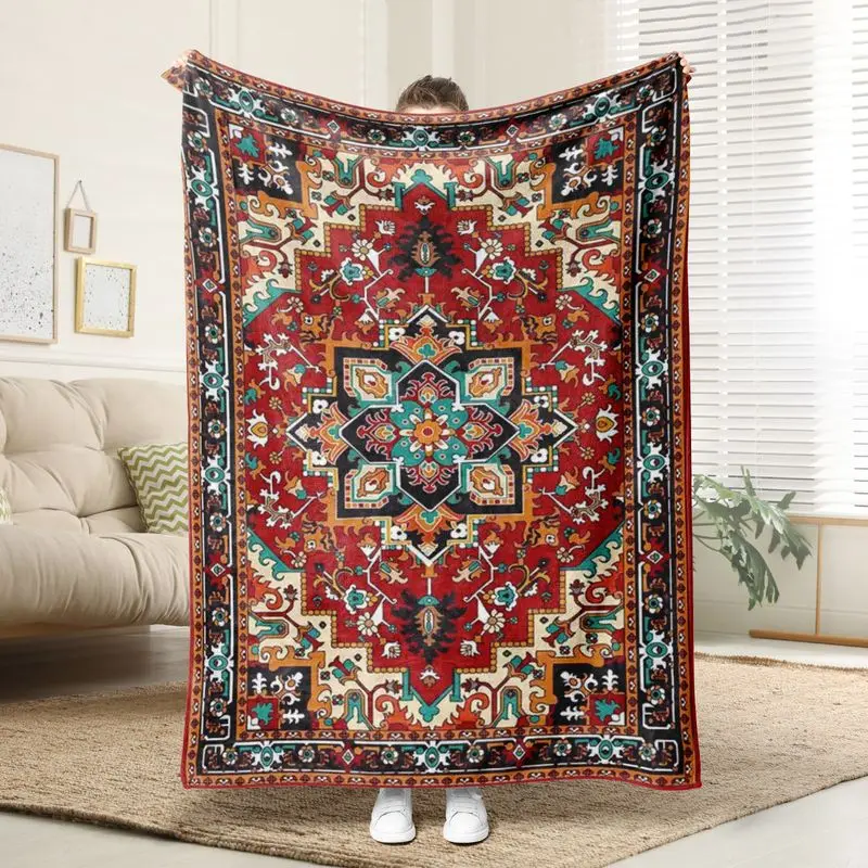 VIKAMA Boho Persian Ethnic Flannel Blanket Vintage Oriental Rug Pattern Warm Throw Sofa Bed Cover For Picnic Home