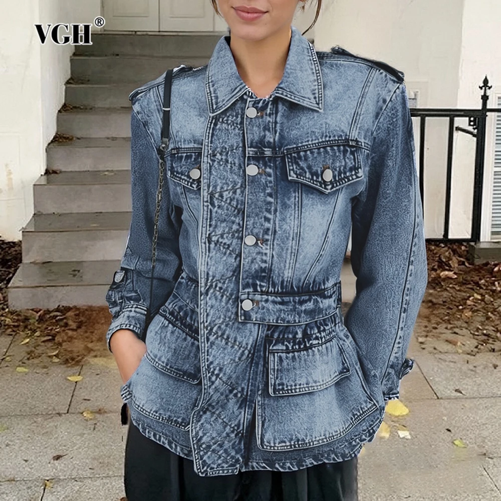 

VGH Solid Vintage Casual Ruffle Denim Jackets For Women Lapel Long Sleeve Spliced Pockets Autumn Designer Coat Female Fashion