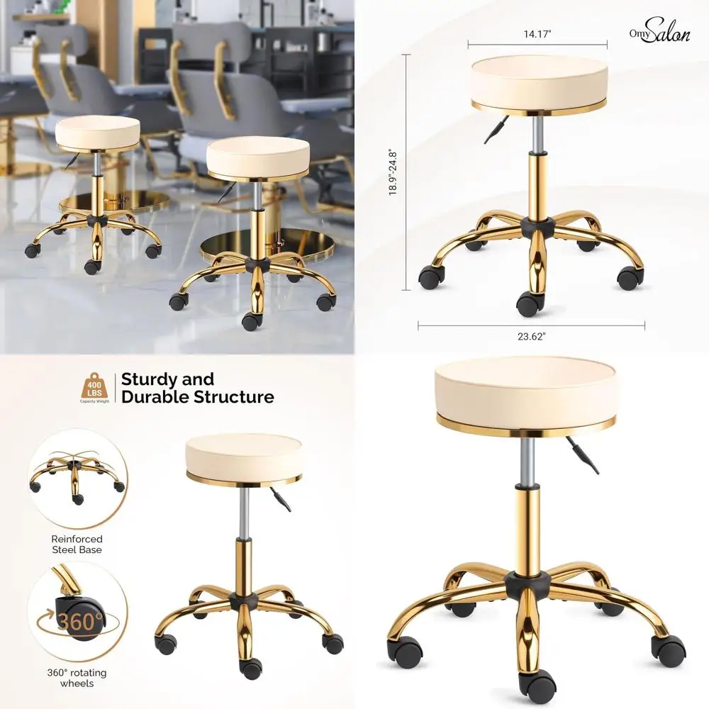 

Adjustable Height Swivel Salon Stool with Wheels, White Luxury for Beauty, Hair, Massage, and Home Use