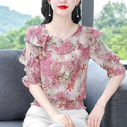 Elegant Ruffled Floral Printed Women tops Summer Chiffon Blouse 2024 Fashion Half Sleeve Patchwork Mesh shirt