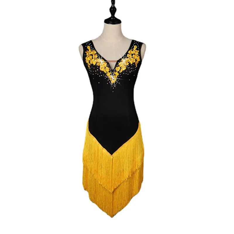 Tassel Latin Dance Skirt Competition Diamond-encrusted Performance Suit V-neck Three-step Jitba Dress Yellow and White Orange