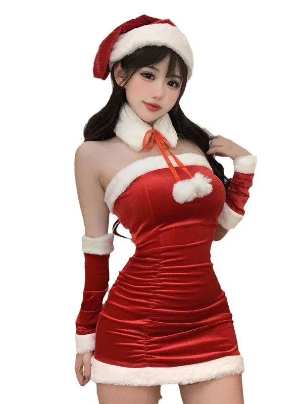 Korean Fashion Sexy Women Christmas Decoration Short Dress Elegant Velvet Sexy Female Cosplay Halloween Performance Dress 6BVH