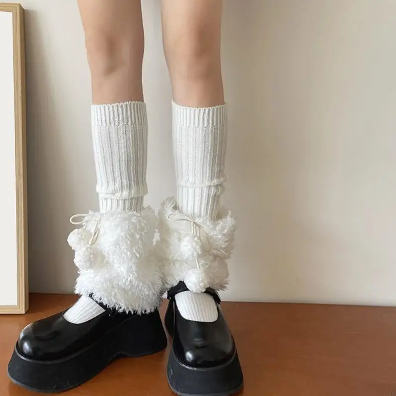 E56a ถักขาตุ่มอุ่นกับ Bows Bows Cossplay Fuzzy Fuzzy Long Long Socks สำหรับผู้หญิง