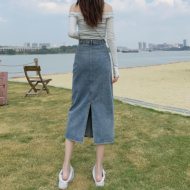 High Waist Mid-Length A-Line Straight Tube Skirt Women's Denim Split Spring New Style Loose Fit Korean Style Commute Pure Color