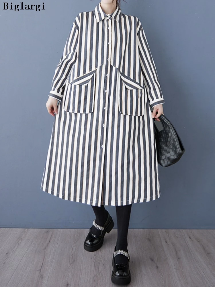 

Oversized Spring Autumn Striped Print Shirt Dress Women Loose Pleated Casual Ladies Dresses Long Sleeve Woman A-Line Dress