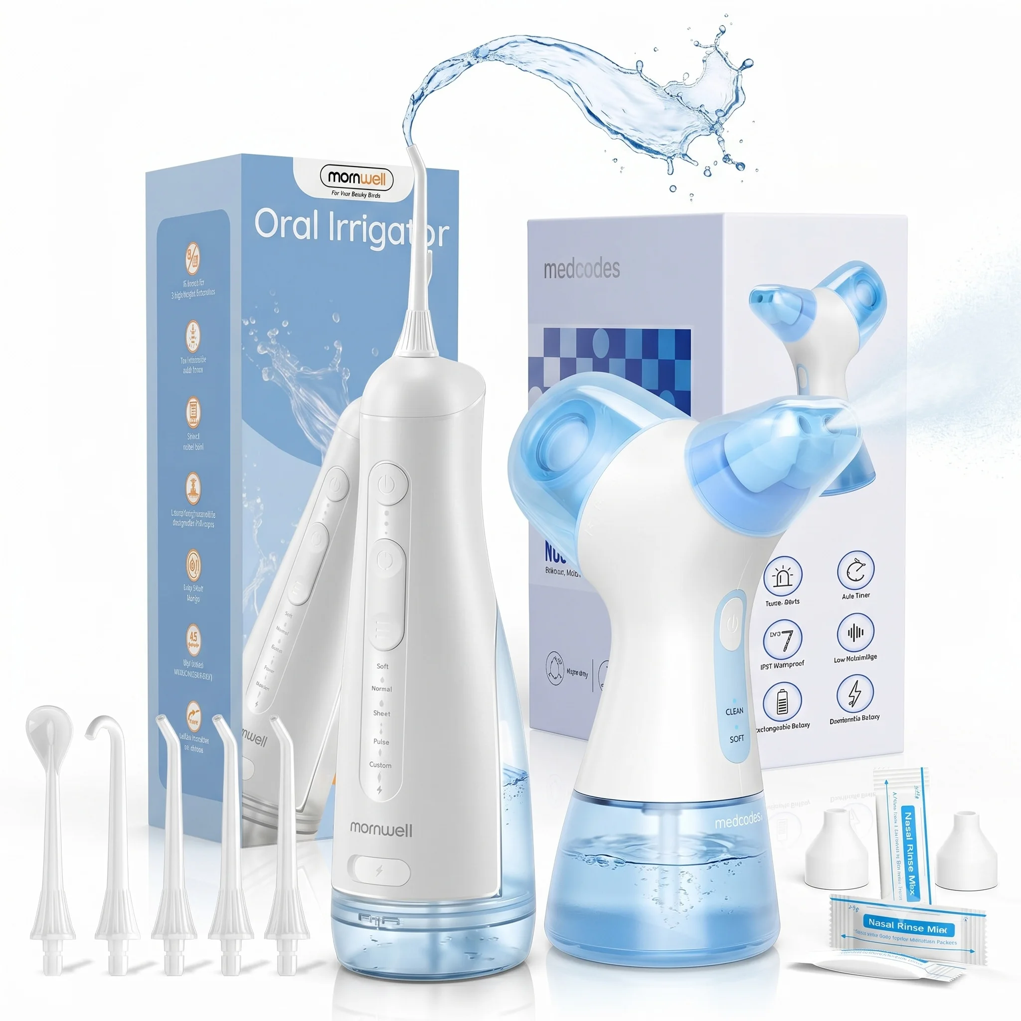 Portable Water Flosser and Nasal Rinse Combo Oral Care and Sinus Cleaning Kit with 30 Salt Packs for Home and Travel Use