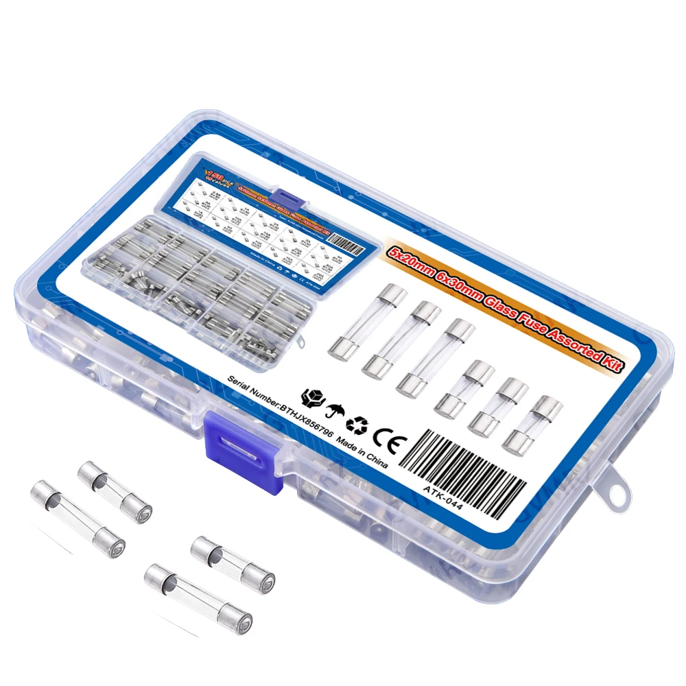 150PCS 8A 10A 15A 20A 30A 15value 5x20mm 6x30mm Glass Fuse Assorted Kit Box 0.25A 0.5A 1A 2A 3A 5A