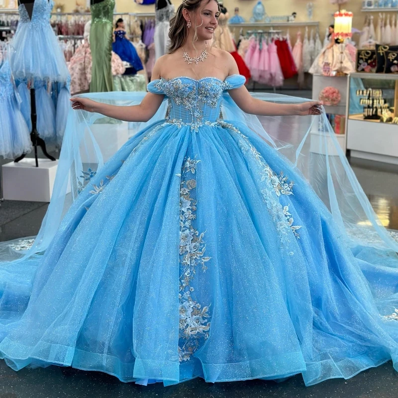 

Customized Blue Shiny Sweetheart Quinceanera Dress Ball Gown With Cape Appliques Lace Beads Sweet 16 Vestidos De Fiesta YQD547